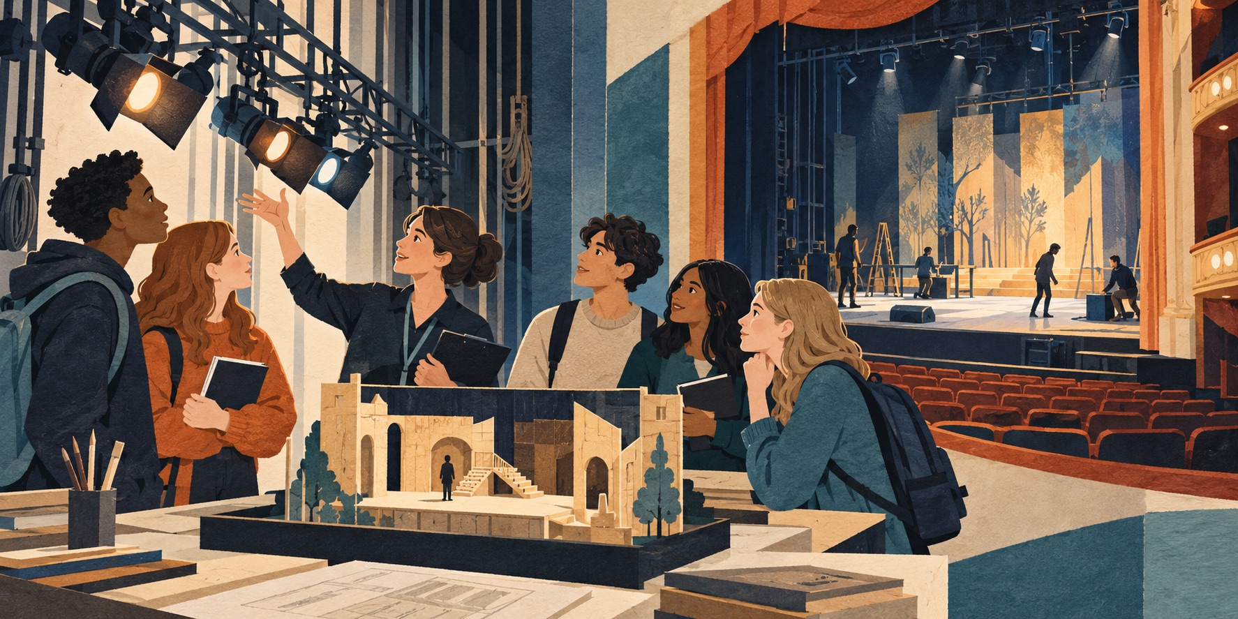 Illustration of students and a teacher exploring stage lighting and set design in a theatre