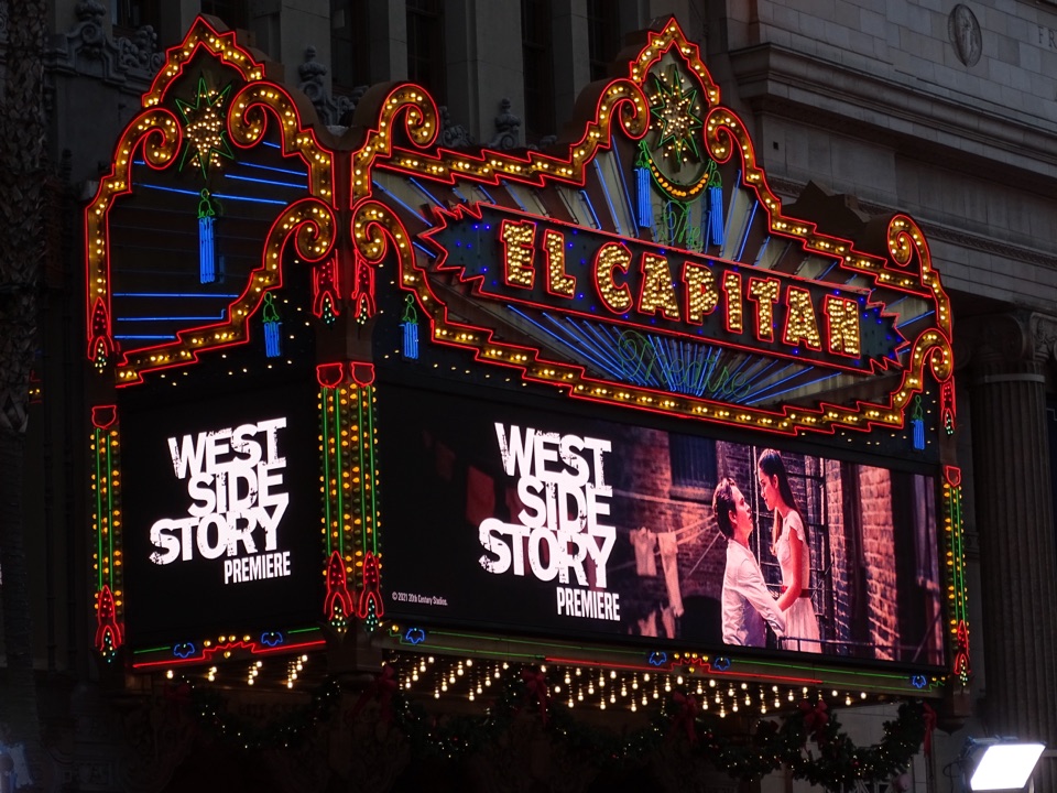 The colourful El Capitan Theatre marquee on Hollywood Boulevard at the 2021 West Side Story film premiere