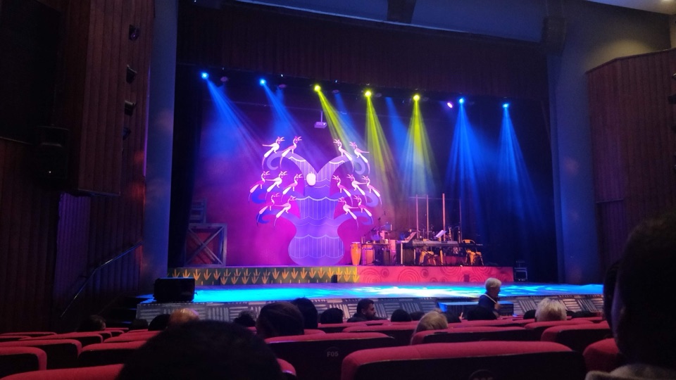 Colourful lighting and stage set for Tinga Tinga Tales at Kenya National Theatre in Nairobi, photographed in 2018