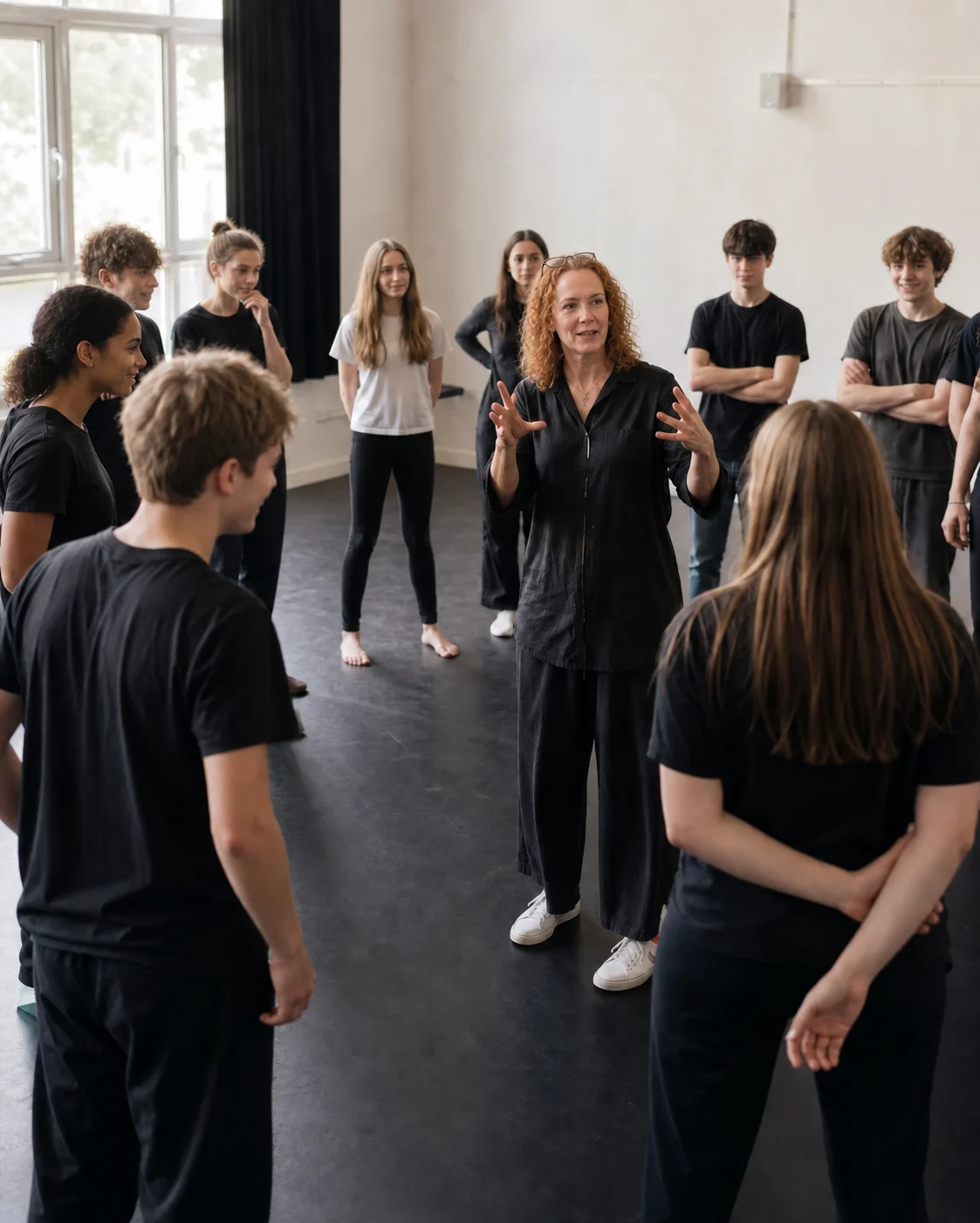 A drama consultant leading a practical workshop with secondary students